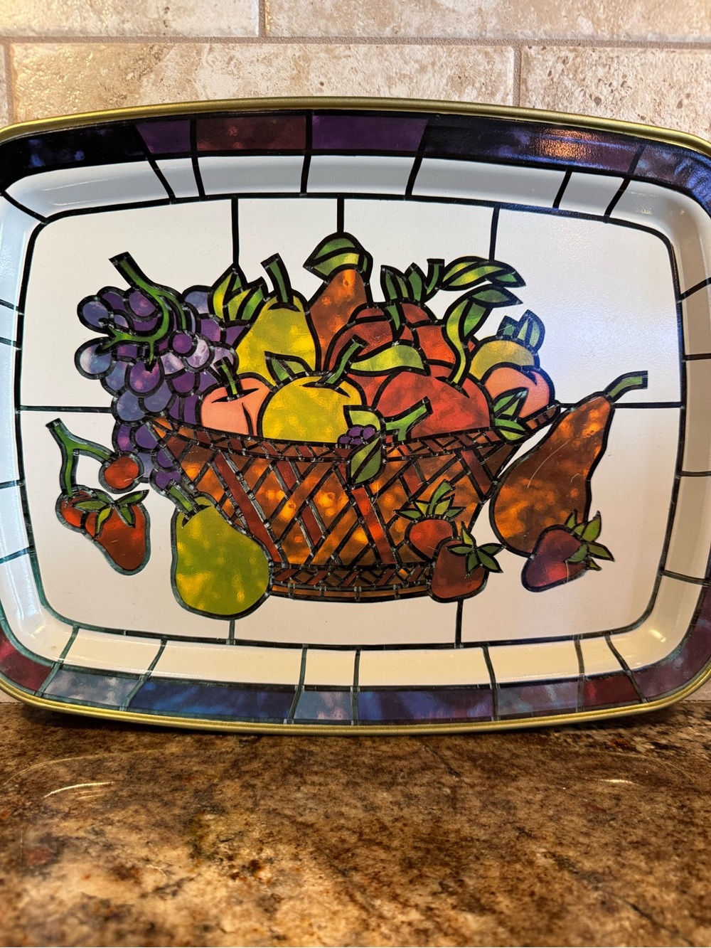 Metal Serving Tray Faux Stained Glass Fruit Basket 14.5” Rectangula